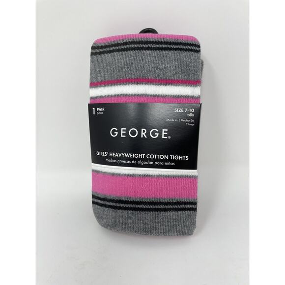 George Other - George Pink Grey White Striped Heavyweight Cotton Tights Girl's Size 7-10 NWT